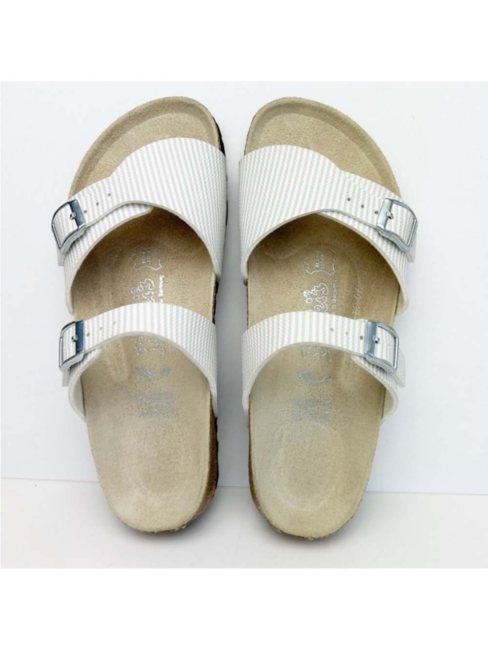 Birkenstock Birki's Aziza Stripe White Beige Sand Birko-Flor Sandal EU 37 US 6